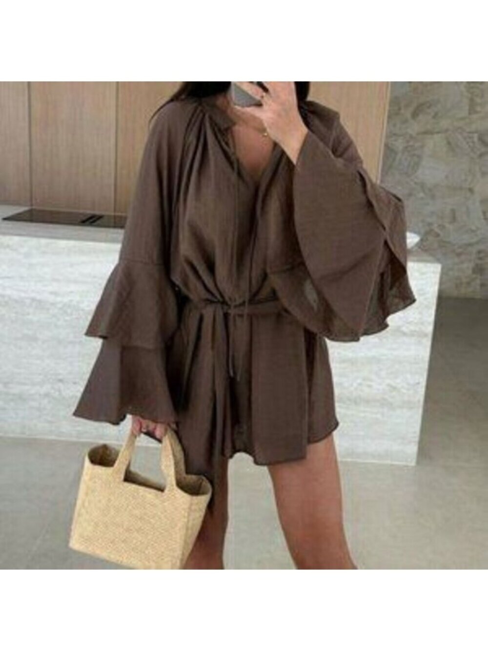 Coffee Boho Women's V-Neck Asymmetrical Tie-Up Long Sleeve Loose Mini Dress